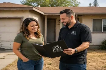 Cash home buyers in Modesto, CA meeting with a homeowner outside an as-is fixer upper property to discuss a no-obligation cash offer.