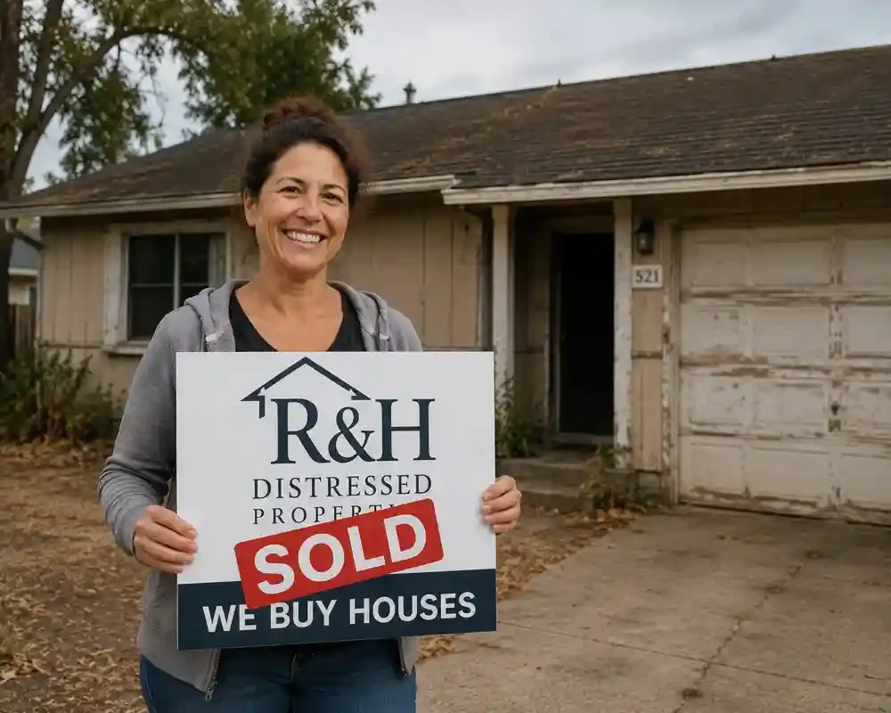 Happy homeowner holding a sold sign outside a dated Rohnert Park CA house after selling to local cash home buyers at R&H Distressed Properties.