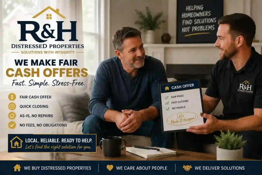 Cash home buyers from R&H Distressed Properties discussing a fair cash offer with a Sacramento homeowner in a comfortable living room, offering a fast and hassle free way to sell a house as is in Sacramento CA.