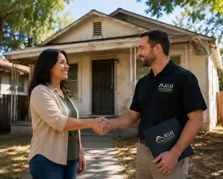 Cash home buyers in Sacramento CA from R&H Distressed Properties shaking hands with a homeowner outside a dated Sacramento house.