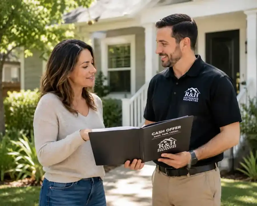 Cash home buyers in Sacramento discussing a no-obligation cash offer with a homeowner outside their house.