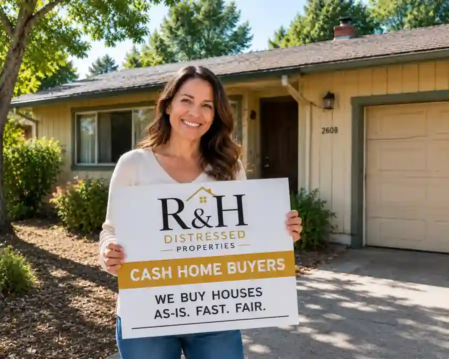 Cash home buyers in Sonoma, CA. Happy homeowner holding a sold sign outside a dated 1970s Sonoma house after selling to R&H Distressed Properties for a fair cash offer.