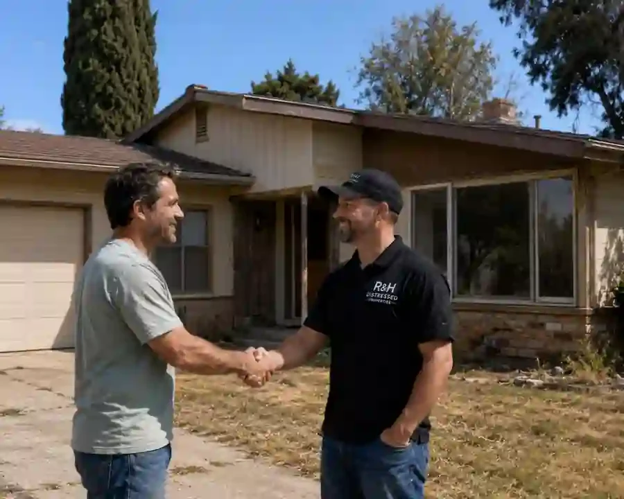 Homeowner shaking hands with R&H Distressed Properties outside a 1970s fixer upper house in Vacaville CA after accepting a cash home buying offer.