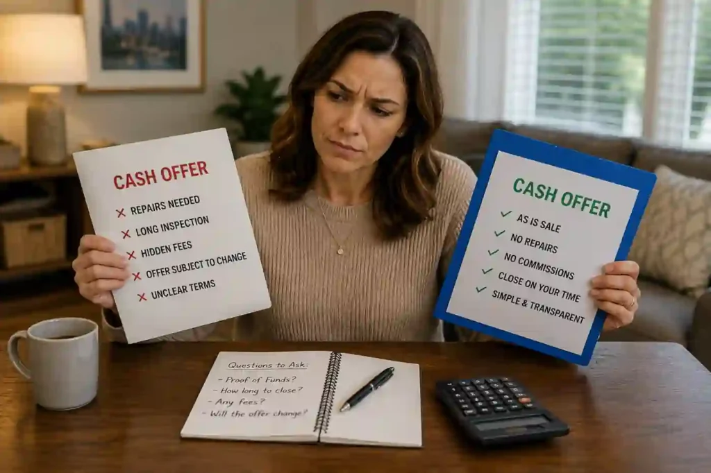 Sacramento homeowner comparing cash home buyer offers before selling a house as is