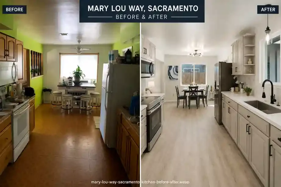 Before and after kitchen renovation at a rental property on Mary Lou Way in Sacramento, California, showing the transformation from an outdated kitchen to a fully remodeled modern space by R&H Distressed Properties.