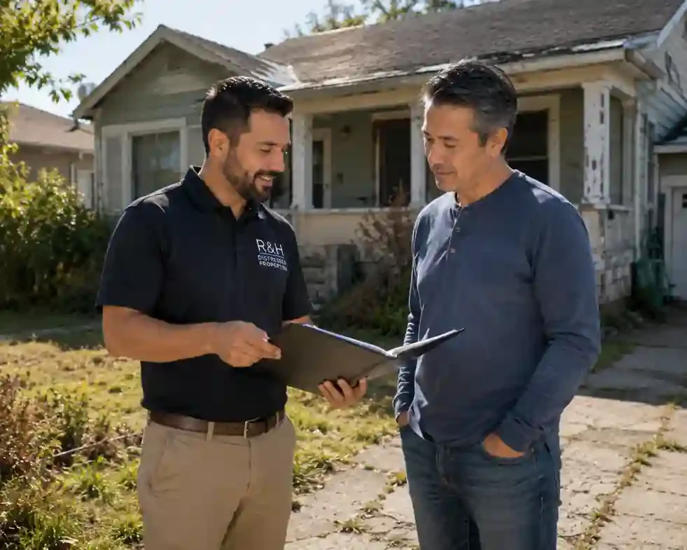 Sell my house fast Bay Area homeowner reviewing a cash offer with R&H Distressed Properties outside a fixer upper home in the San Francisco Bay Area.