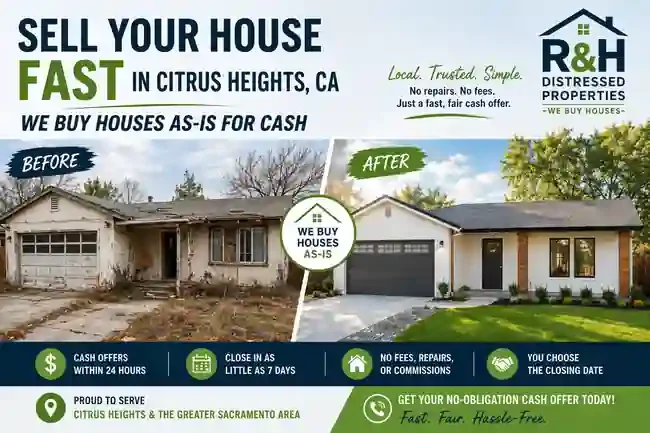 Sale my house fast in Citrus Heights CA with R&H Distressed Properties before and after fixer upper home transformation by local cash home buyers.