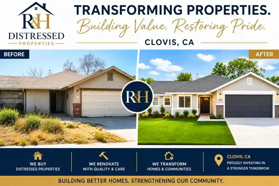 Sell my house fast in Clovis CA with R&H Distressed Properties, showing a before and after home transformation by a trusted local cash home buyer.