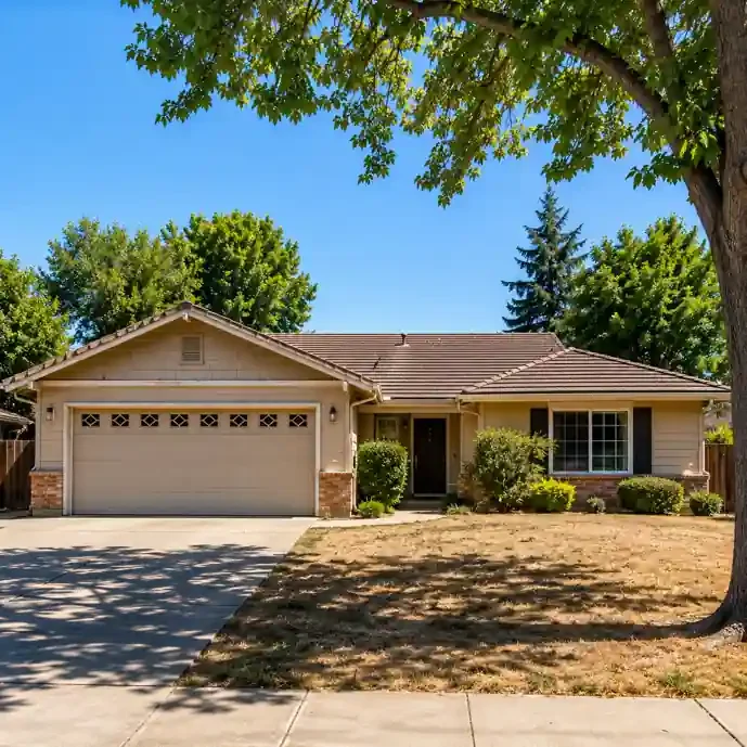 Sell my house fast in Clovis CA ranch style home with dry front yard and mature trees on a quiet residential street.