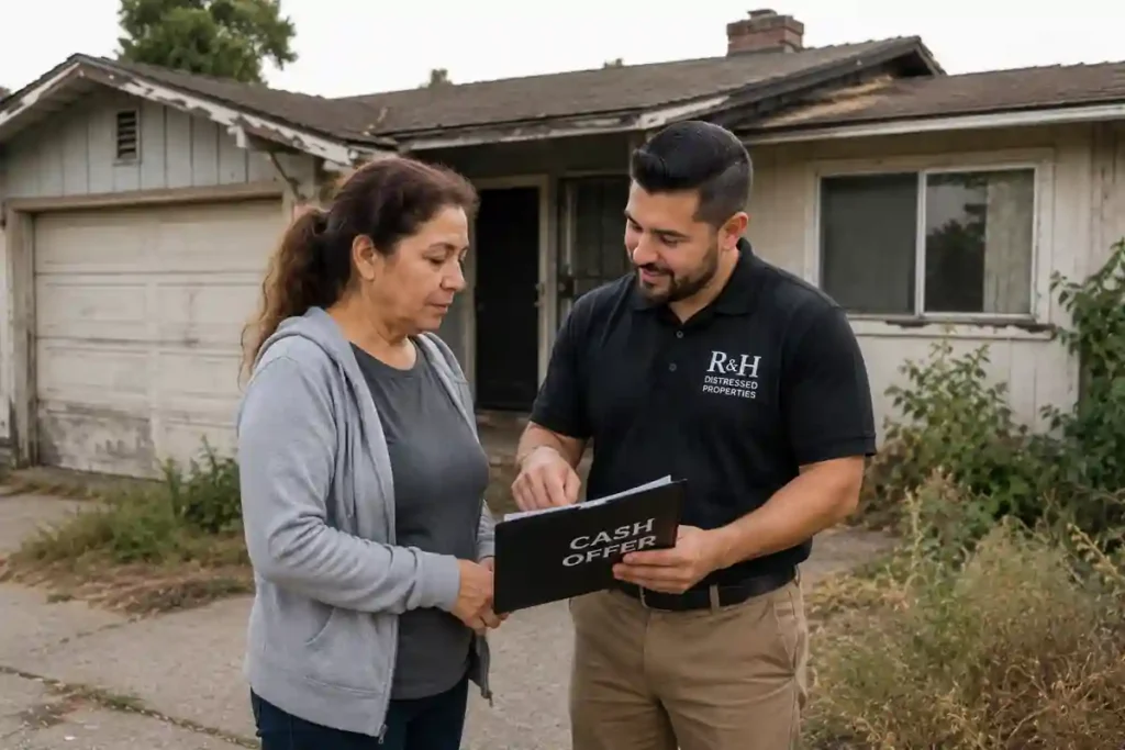 Homeowner reviewing a cash offer with an R&H Distressed Properties representative outside a fixer upper home in San Lorenzo, California while discussing options to sell a house fast for cash.