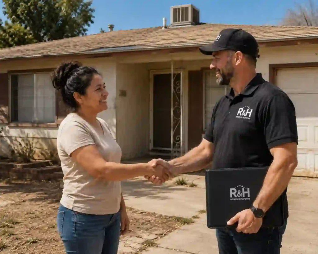Sell my house fast in Fresno CA homeowner shaking hands with R&H Distressed Properties outside a dated Fresno home after receiving a cash offer.