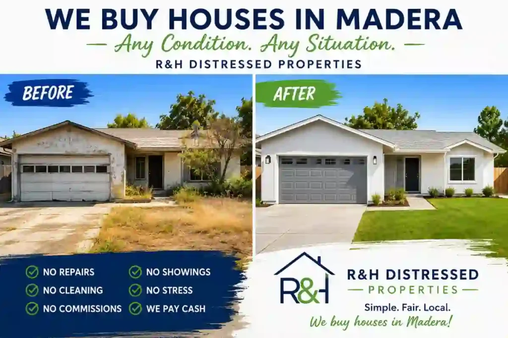 Sell my house fast in Madera CA with R&H Distressed Properties. Before and after transformation of a distressed Madera home purchased for cash without repairs, cleaning, or agent commissions.
