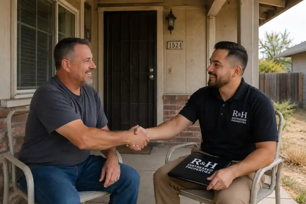 Homeowner and R&H Distressed Properties representative shaking hands on the porch of a dated Manteca, CA home after agreeing on a fair cash offer to sell the house fast.