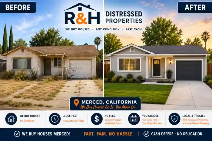 Sell my house fast Merced CA before and after home transformation by R&H Distressed Properties showing a distressed property renovated into a clean updated house after a fast cash home sale
