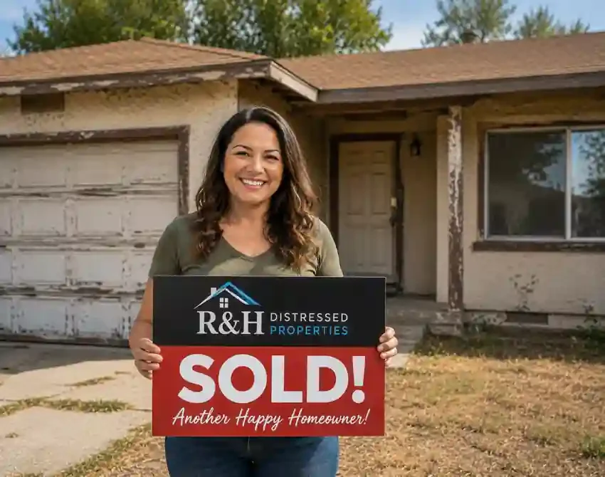Happy homeowner standing outside an as-is fixer upper after choosing to sale my house fast in Modesto, CA to a local cash home buyer.