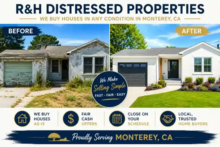 Before and after home renovation in Monterey CA by R&H Distressed Properties showing the transformation of a dated fixer upper into a fully updated home. Sell your house fast in Monterey without repairs or cleaning.