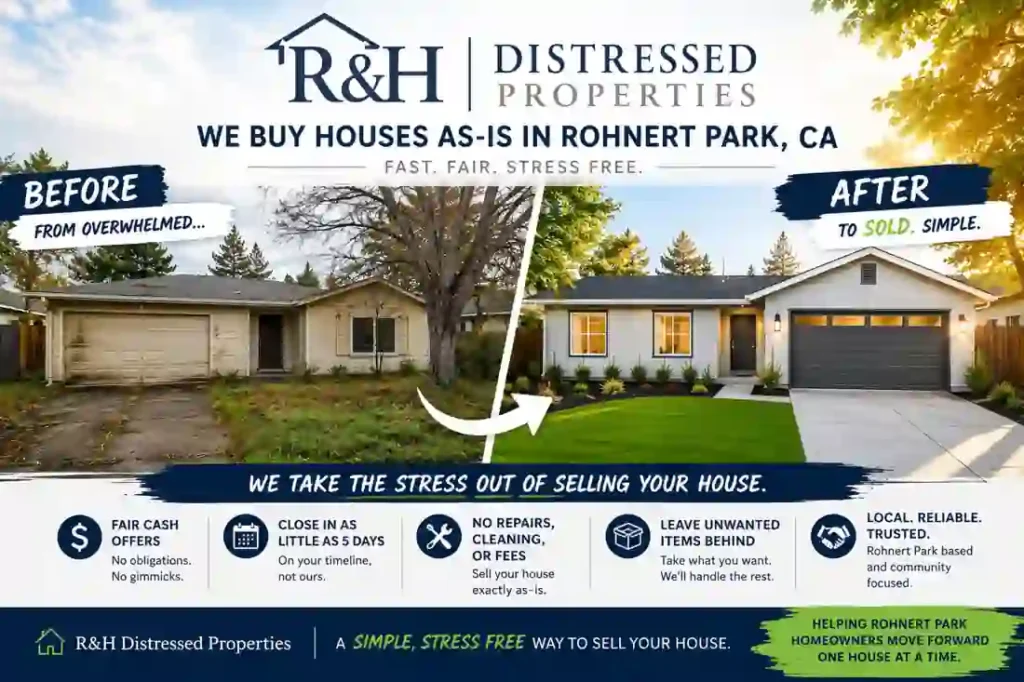 Sell my house fast in Rohnert Park CA with R&H Distressed Properties. Before and after transformation of a distressed home purchased for cash and renovated.
