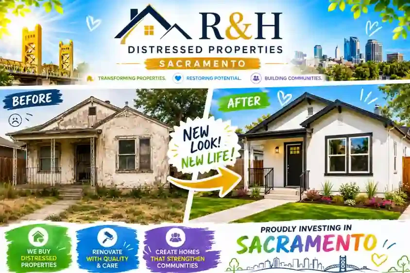 Sell my house fast Sacramento CA before and after home transformation by R&H Distressed Properties.