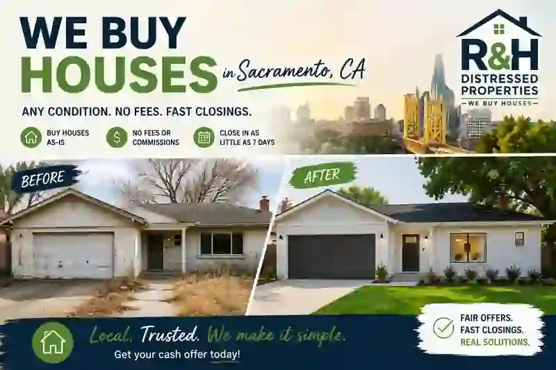 Sale my house fast Sacramento. Before and after home renovation by R&H Distressed Properties showing how we buy houses in Sacramento for cash and transform distressed properties into beautiful homes.