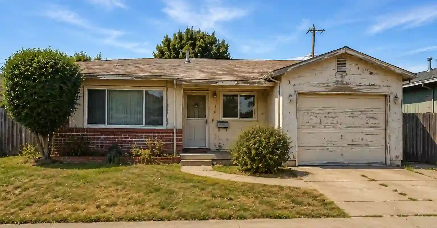 Sell my house fast for cash in San Lorenzo CA. Dated ranch style home with peeling paint and an older exterior in a quiet San Lorenzo neighborhood.