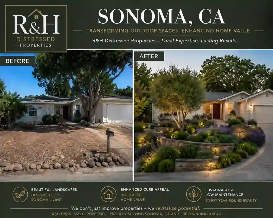 Sell my house fast in Sonoma, CA with R&H Distressed Properties. Before and after image showing a dated Sonoma home transformed into a beautiful updated property with improved curb appeal and value.
