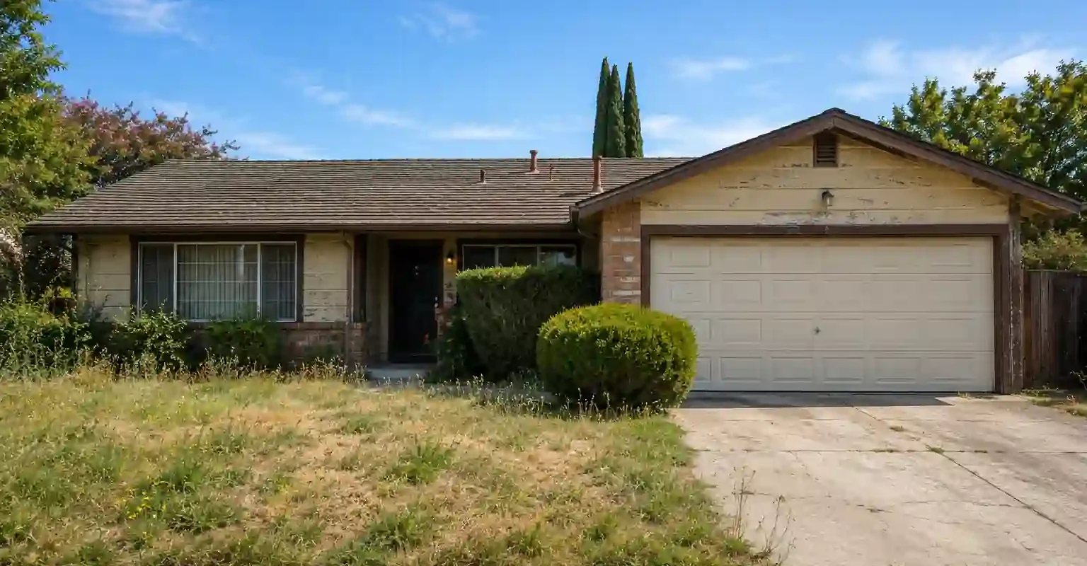 Sell my house fast Tracy CA dated ranch style home with overgrown yard and no repairs needed for a cash sale.