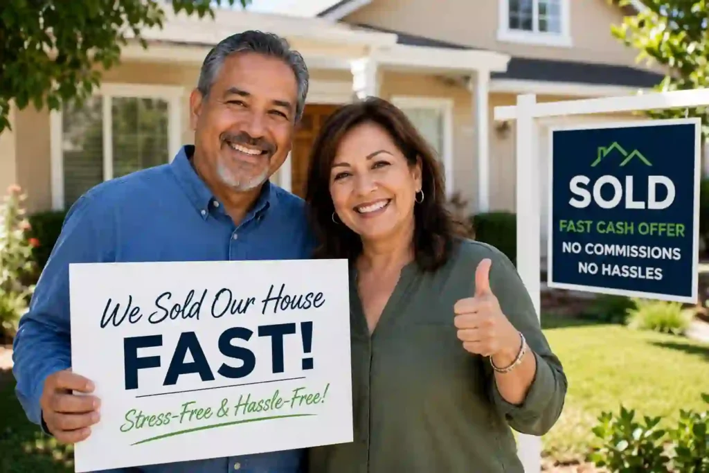 Sell my house fast in Tulare CA homeowner celebrating a quick cash home sale outside their house with a sold sign.