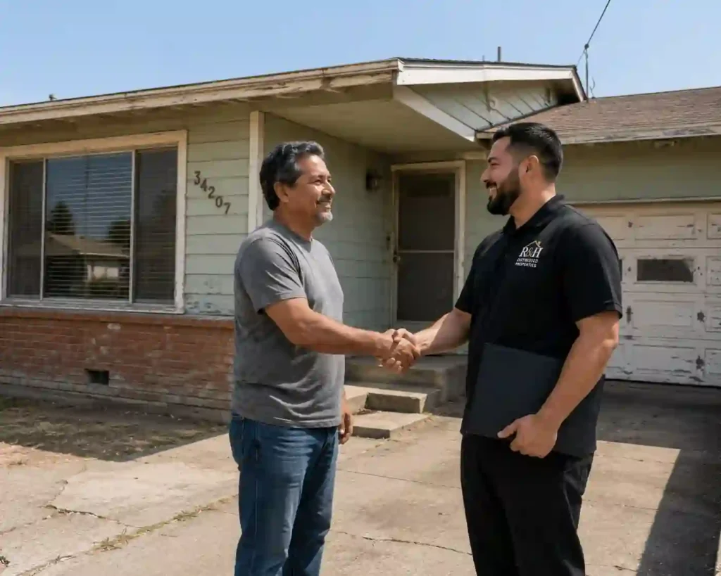 Homeowner shaking hands with R&H Distressed Properties outside a dated 1970s fixer upper house in Union City, California after accepting a cash offer to sell their house fast.
