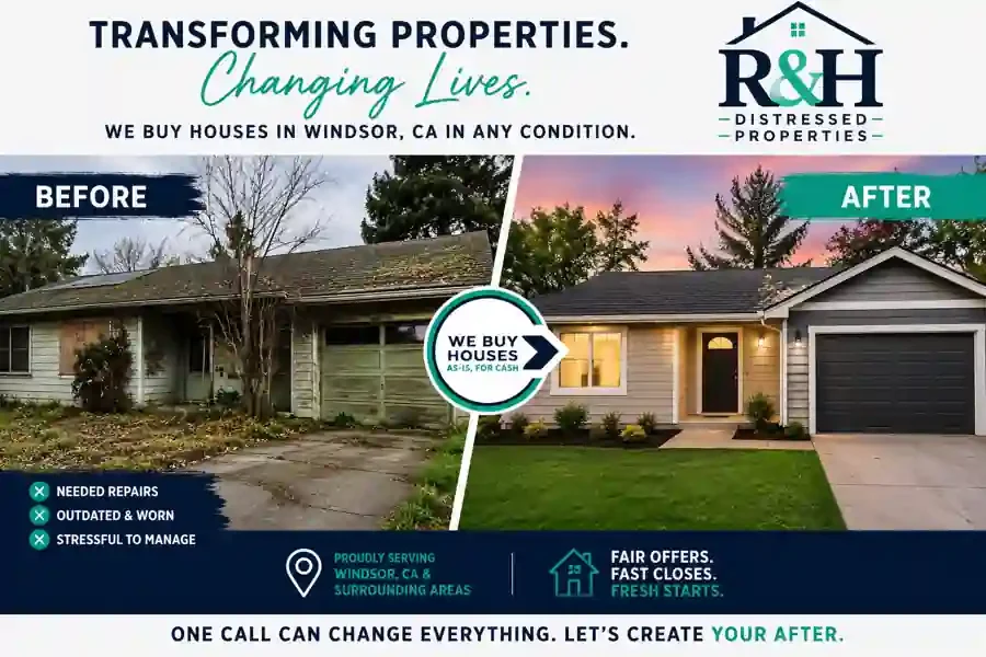 Sell my house fast Windsor CA before and after home transformation by R&H Distressed Properties showing a distressed property renovated into a beautiful move in ready home.