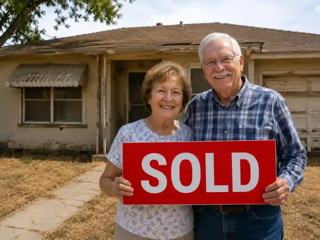 Sell my house for cash in Fresno CA happy senior homeowners holding a sold sign outside a dated Fresno house after completing a successful home sale.