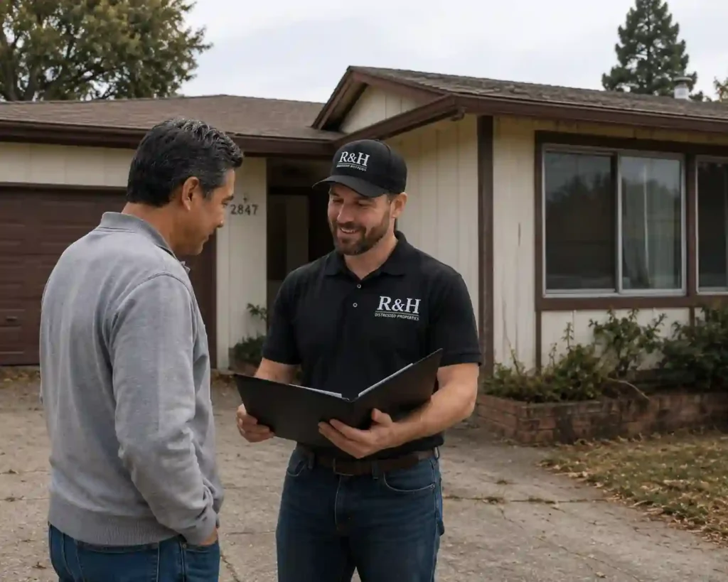 We buy houses in Castro Valley CA homeowner reviewing a fair cash offer with R&H Distressed Properties outside a dated 1970s fixer upper home.