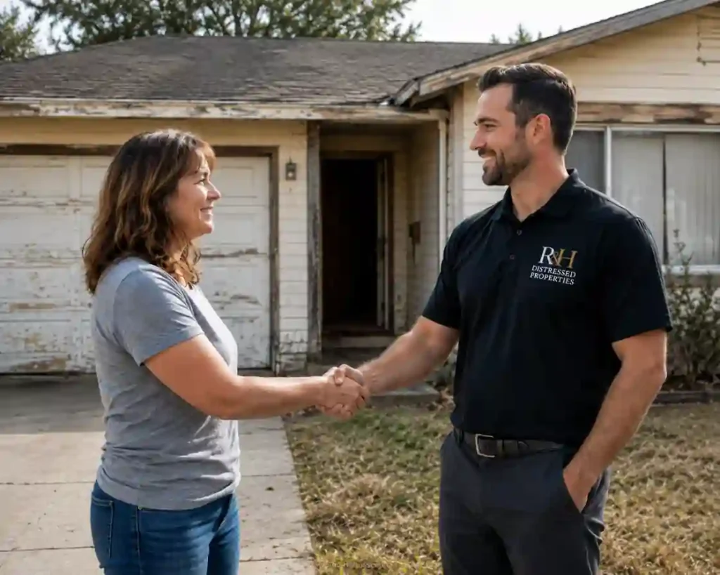 We buy houses in Clovis CA with R&H Distressed Properties, showing a homeowner shaking hands with a local cash home buyer outside a dated house.