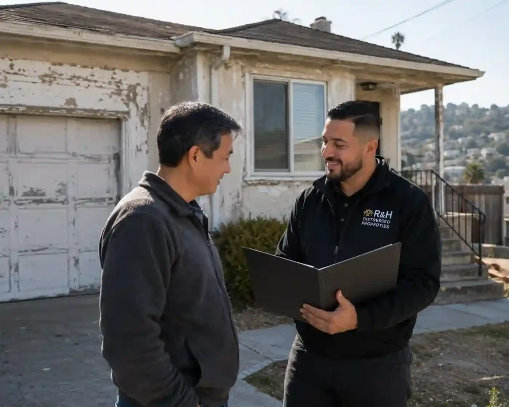 We buy houses in Daly City CA homeowner reviewing a cash offer with R&H Distressed Properties outside a fixer upper house