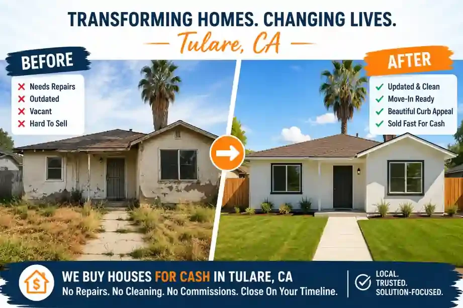 We buy houses in Tulare CA before and after renovation showing a distressed fixer upper transformed into a beautiful home by R&H Distressed Properties, local Tulare cash home buyers.