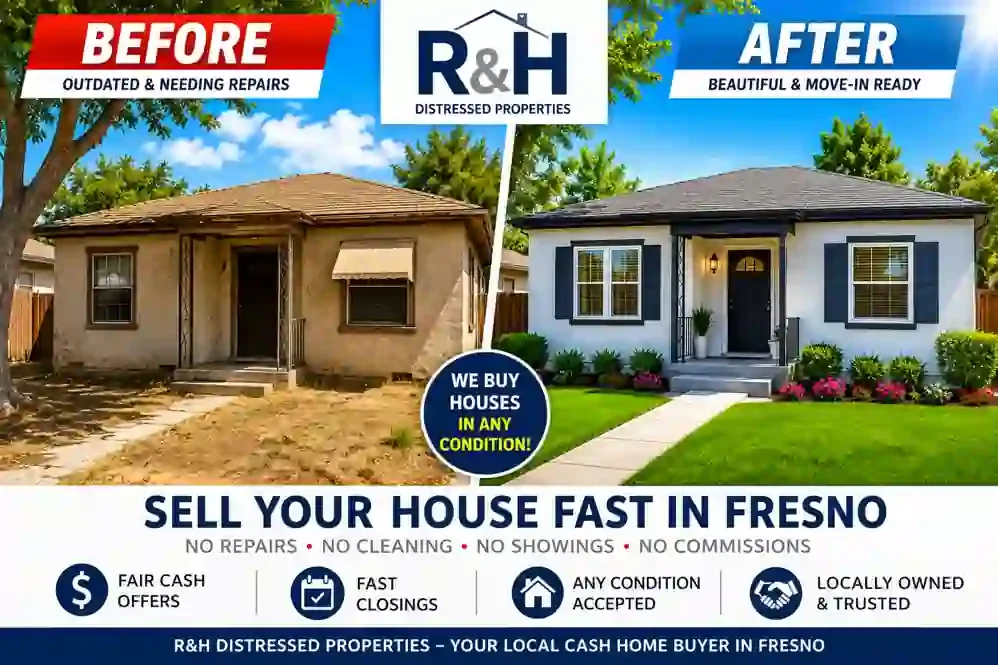 We buy houses in Fresno CA before and after home renovation completed by R&H Distressed Properties showing a fixer upper transformed into a beautiful, updated home.