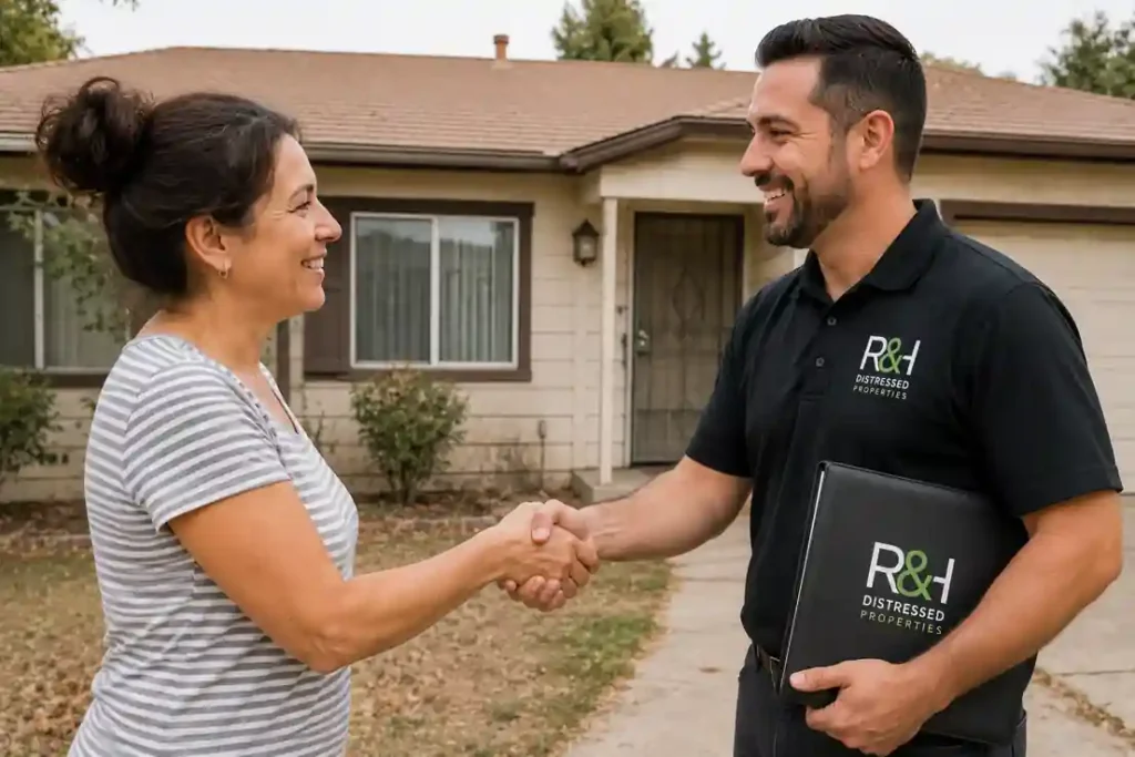 We buy houses in Madera CA. Homeowner shaking hands with R&H Distressed Properties outside a dated house after receiving a fair cash offer and selling without repairs, cleaning, or agent commissions.