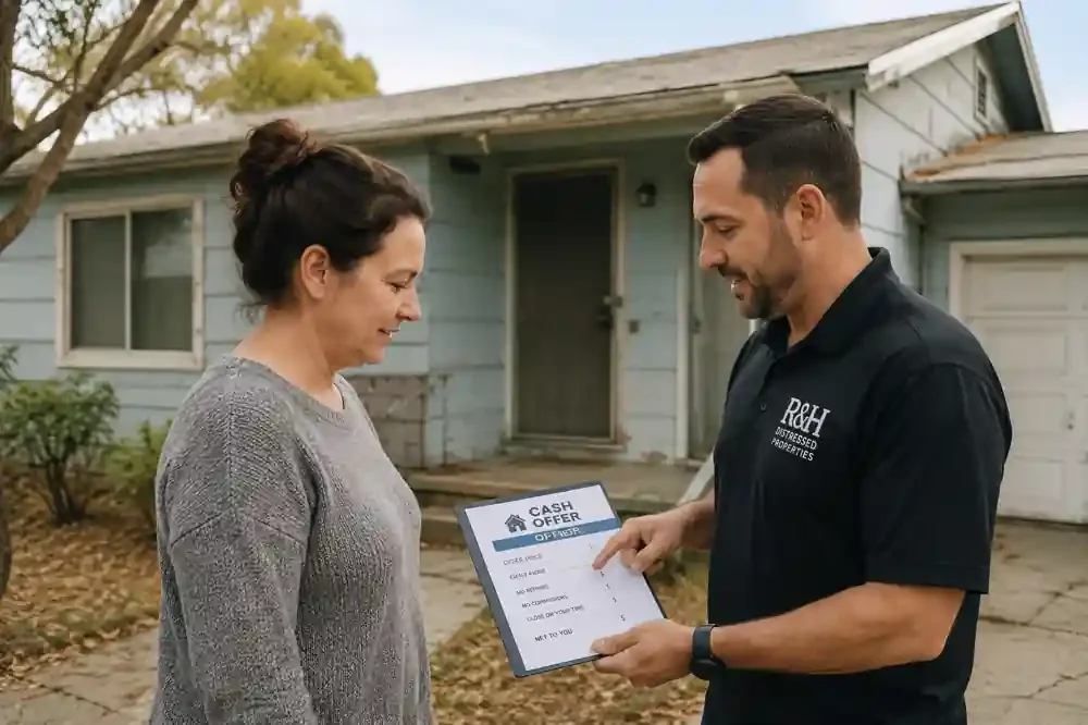 We buy houses in Martinez CA. R&H Distressed Properties discussing a fair cash offer with a homeowner outside a dated Martinez house with no repairs or cleaning required.