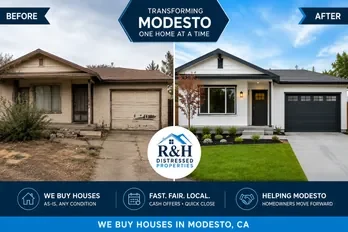 Before and after transformation of a fixer upper home purchased by R&H Distressed Properties, local we buy houses company in Modesto, California.