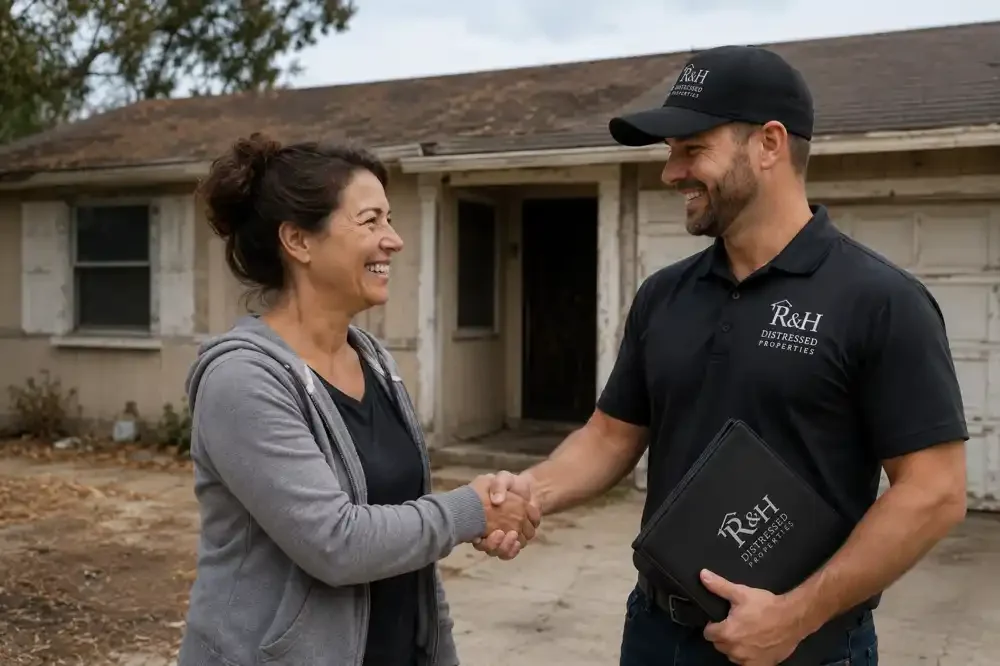 We buy houses in Rohnert Park CA. R&H Distressed Properties shaking hands with a homeowner outside a dated house after agreeing on a fair cash offer.