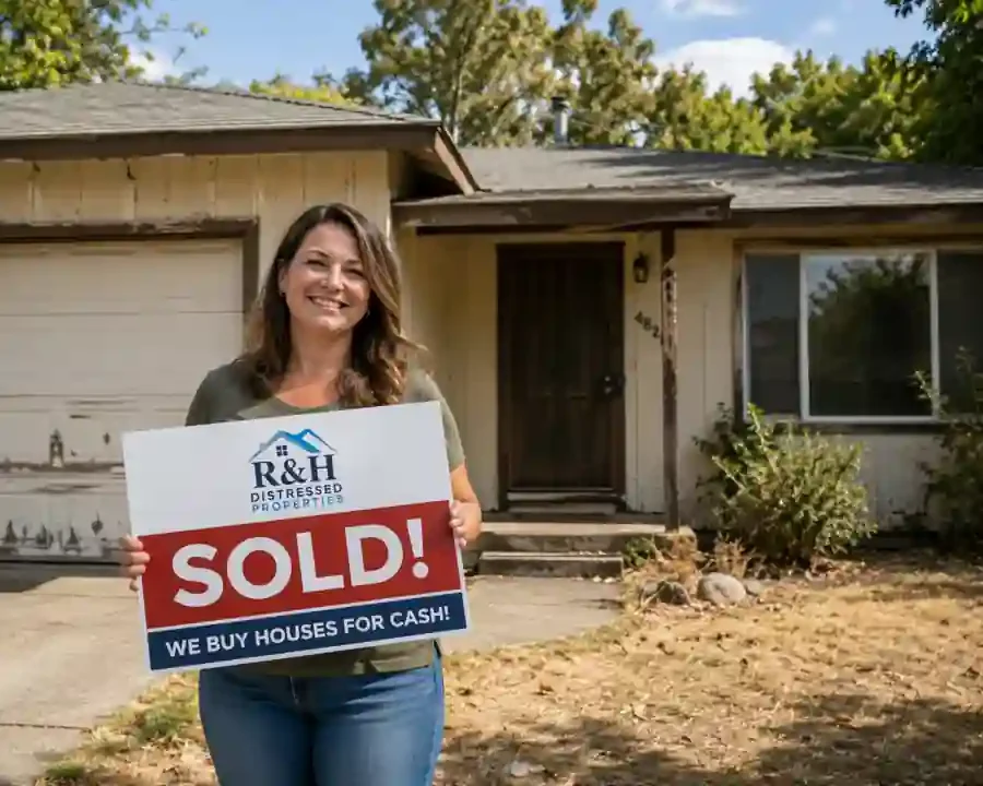 Happy homeowner holding a sold sign outside a fixer upper home after selling to local we buy houses company R&H Distressed Properties in Sacramento.