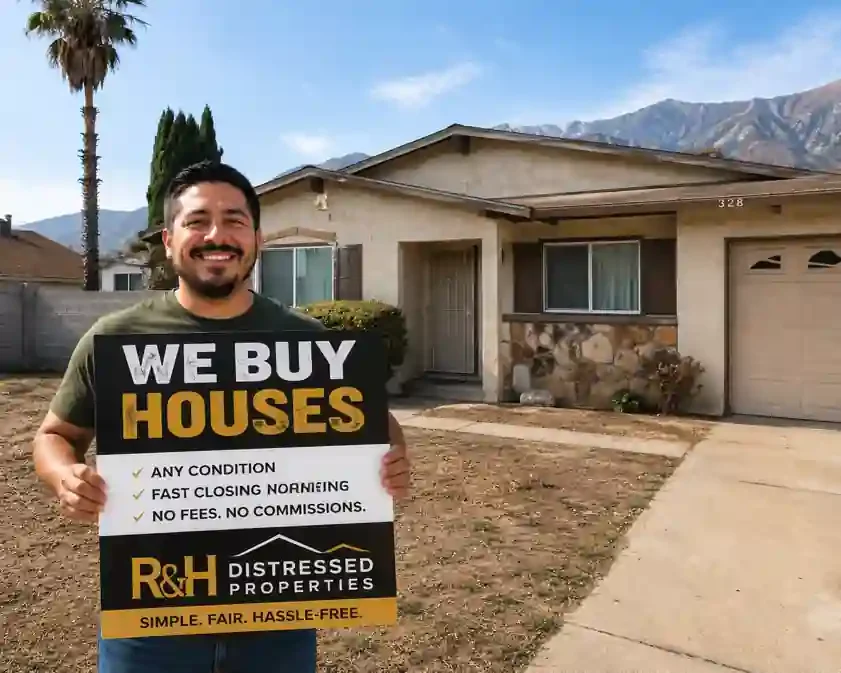 We buy houses in San Bernardino CA homeowner holding a sold sign outside a dated California house after selling to R&H Distressed Properties for cash.