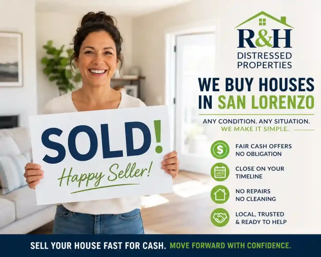We buy houses in San Lorenzo CA. Happy homeowner holding a sold sign after selling a house for cash to R&H Distressed Properties.
