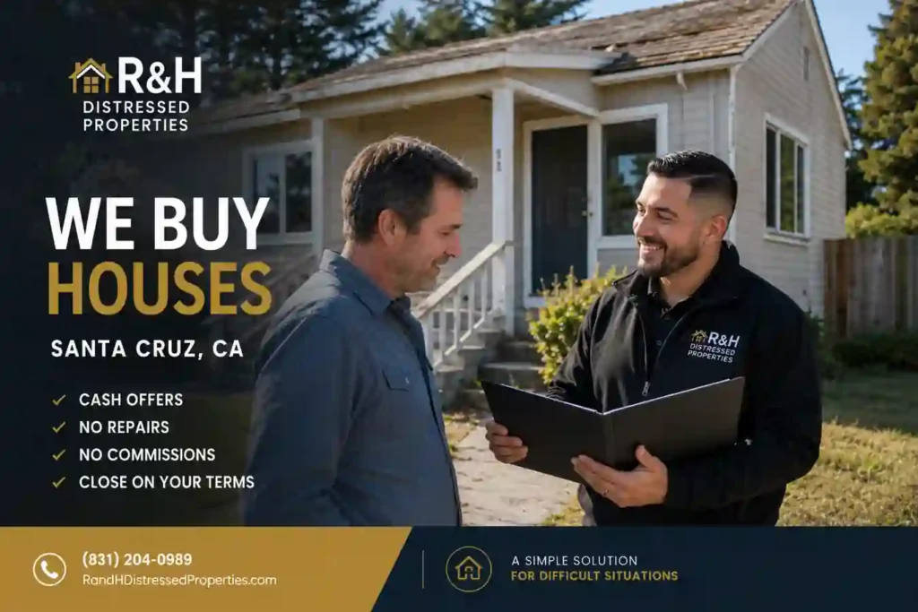 We buy houses in Santa Cruz CA homeowner reviewing a cash offer folder with R&H Distressed Properties outside a fixer upper beach cottage style home.