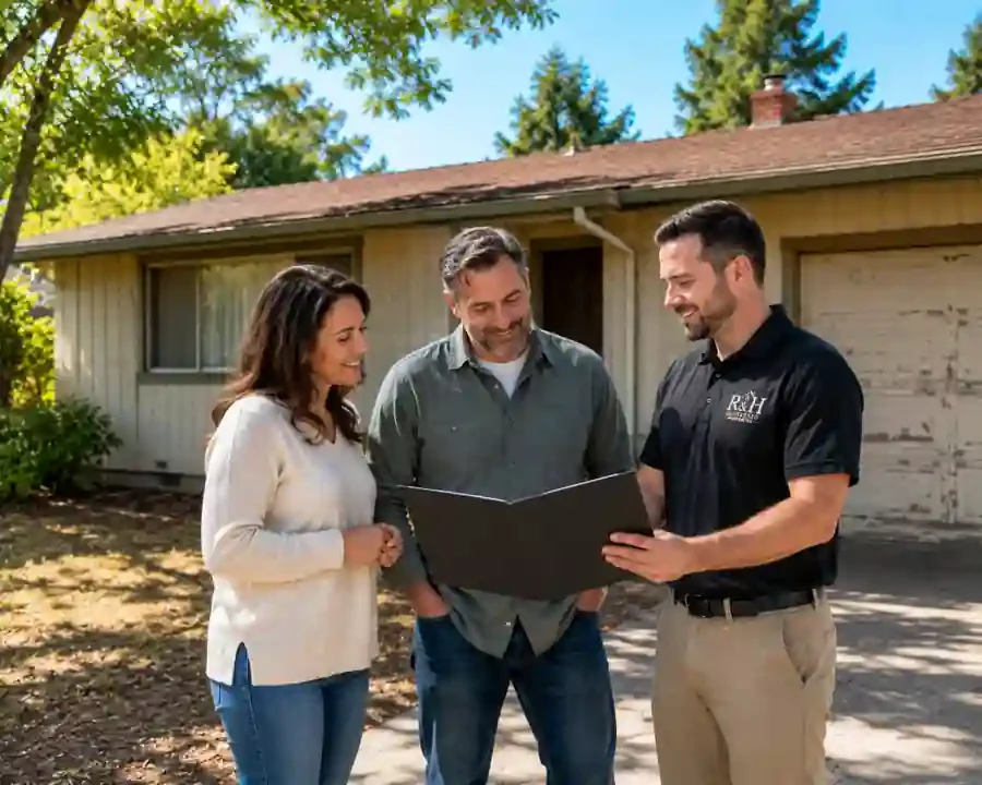 We buy houses in Sonoma, CA. Homeowners meeting with R&H Distressed Properties outside a dated 1970s house to discuss a fair cash offer and a simple as-is home sale.