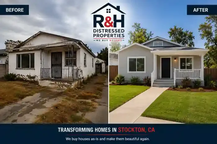 Sale my house fast Stockton CA and transform distressed properties, shown in this before and after fixer upper renovation by R&H Distressed Properties.