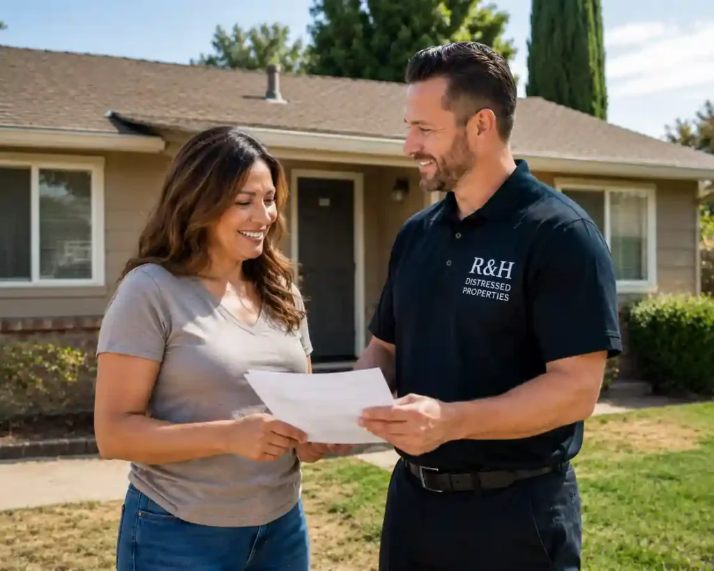 We buy houses Tracy CA homeowner reviewing a cash offer with R&H Distressed Properties outside a slightly dated Tracy home.