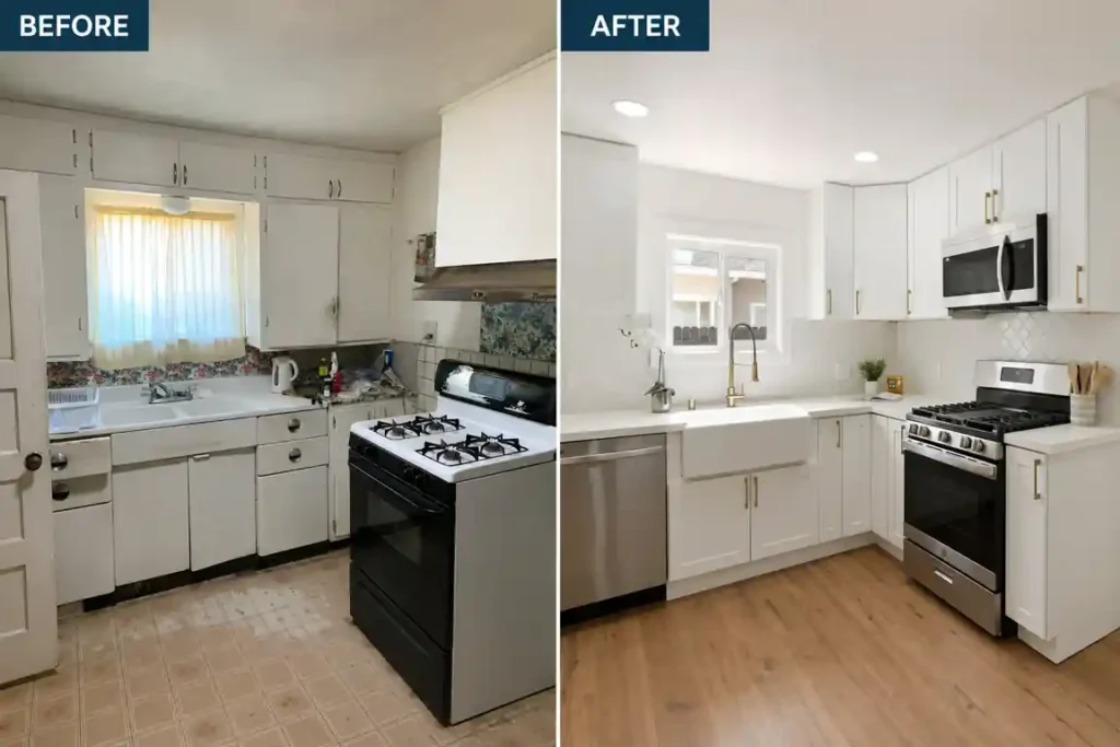 Before and after kitchen renovation on Bowman Avenue in Sacramento showing the original outdated kitchen and the fully remodeled modern kitchen completed after purchase by R&H Distressed Properties.