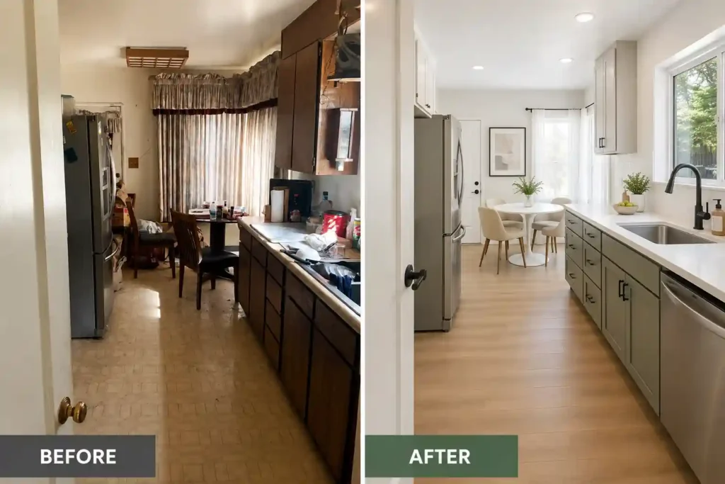 Sell my house fast Oakland CA before and after kitchen renovation by R&H Distressed Properties showing an outdated kitchen transformed into a modern space.