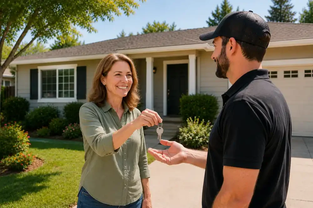 Happy Sacramento homeowner getting cash for her house and handing over the keys after a successful sale.