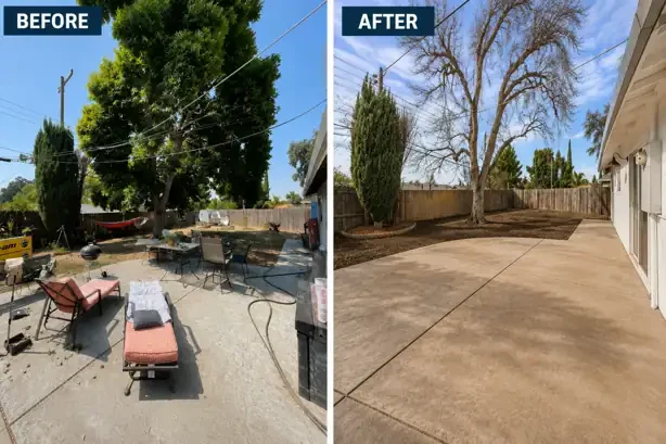 Before and after backyard renovation of a pre-foreclosure home on Fresno Court in Citrus Heights, California, transformed by R&H Distressed Properties.